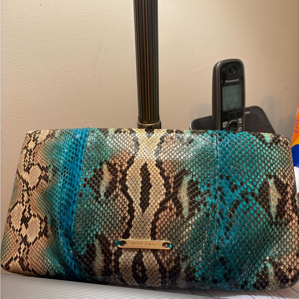 Michael Kors Teal and Natural Python-Print Chain Clutch - Picture 2 of 5